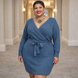 NWT - Plus Size 2X - LOVE TREE blue long sleeve knit ribbed v-neck sweater dress